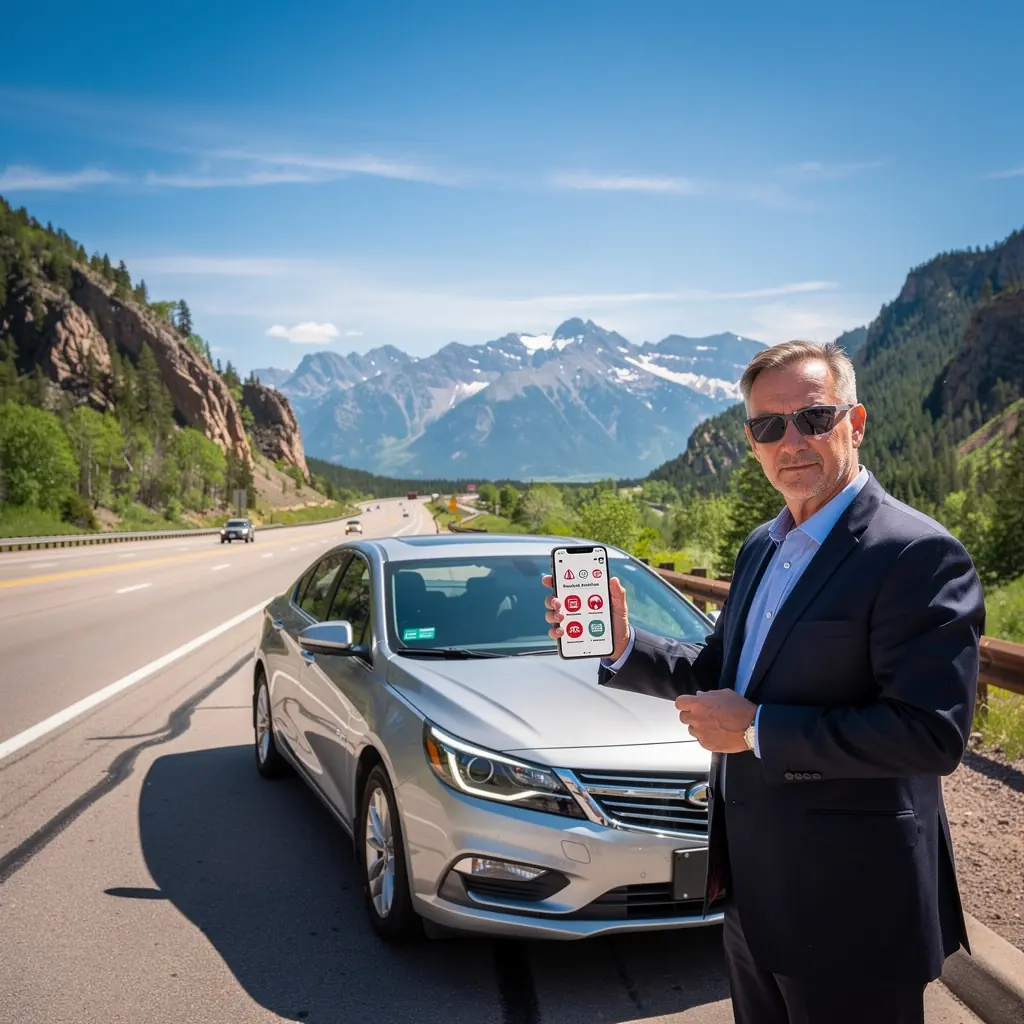 Логотип страховой компании на фоне дороги с движущимися автомобилями.